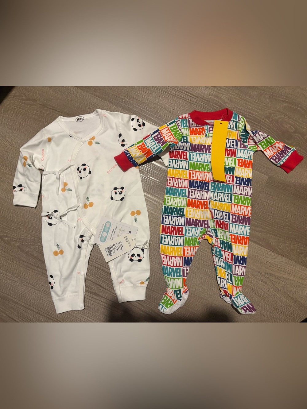 2 baby infant marvel avengers panda pajamas sleepers bodysuits footed 0-3M